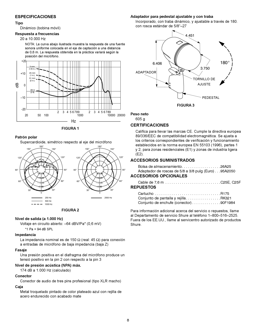 Shure Beta 52A manual Especificaciones, Certificaciones, Accesorios Suministrados, Accesorios Opcionales, Repuestos 