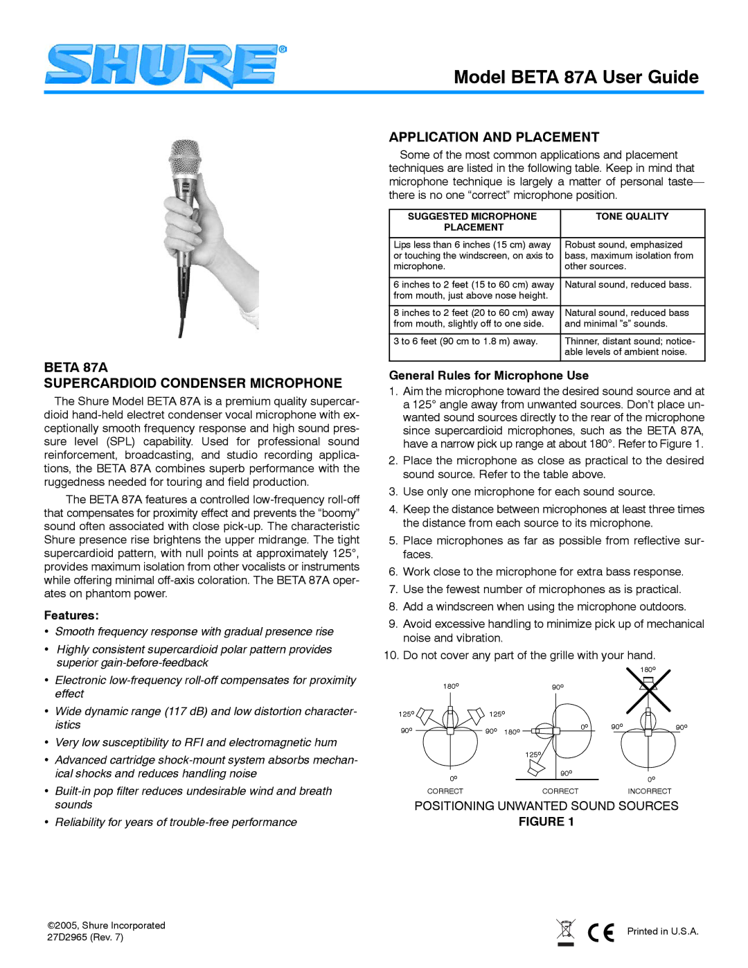 Shure BETA 87A manual Beta 87A Supercardioid Condenser Microphone, Application and Placement, Features 