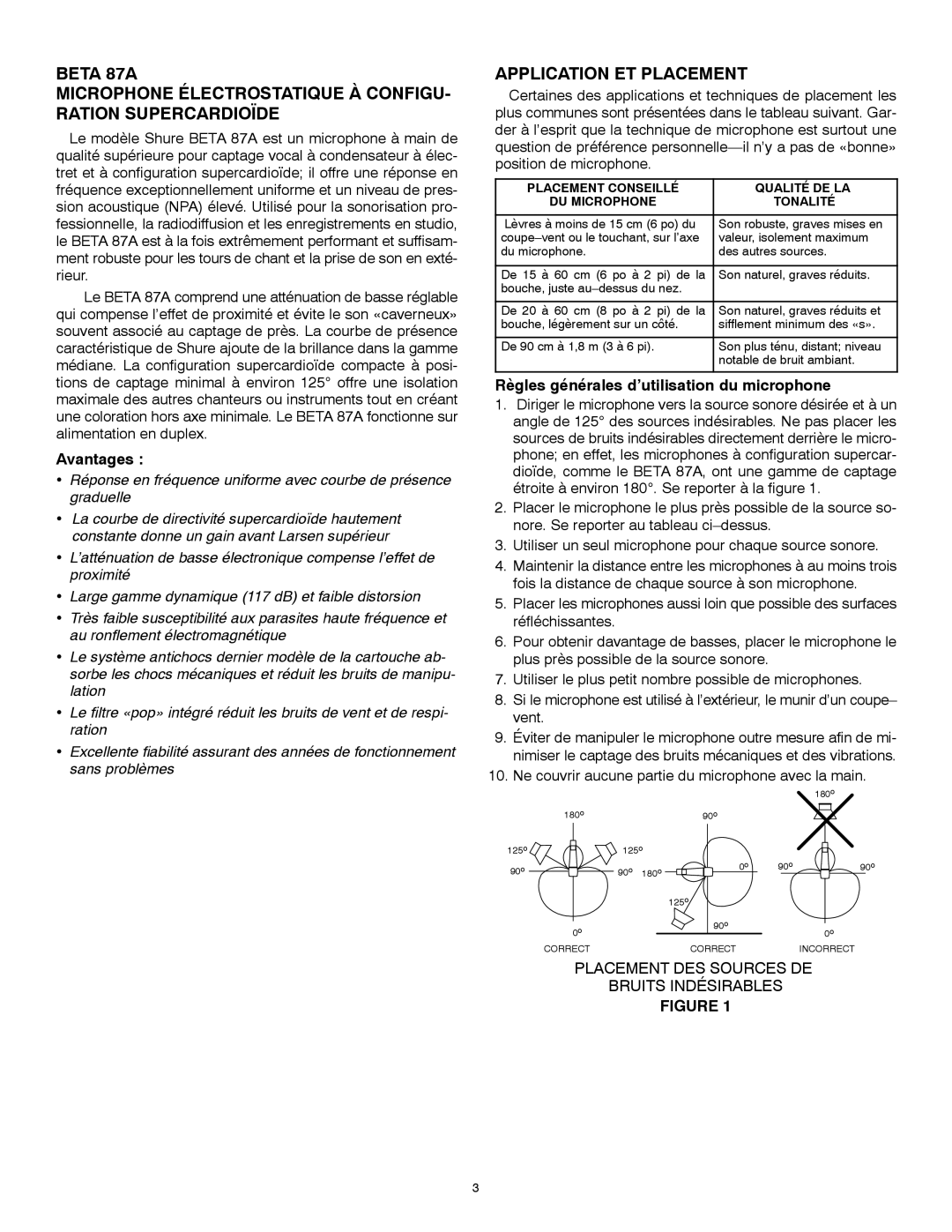 Shure BETA 87A manual Application ET Placement, Avantages, Règles générales d’utilisation du microphone 