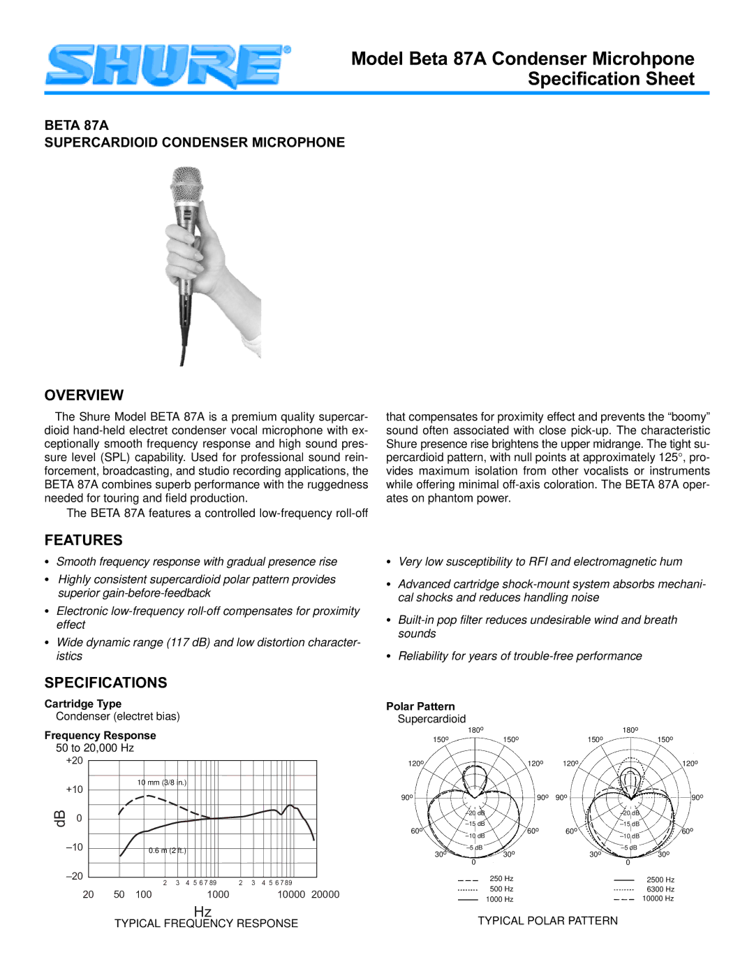 Shure BETA 87A specifications Overview, Features, Specifications 