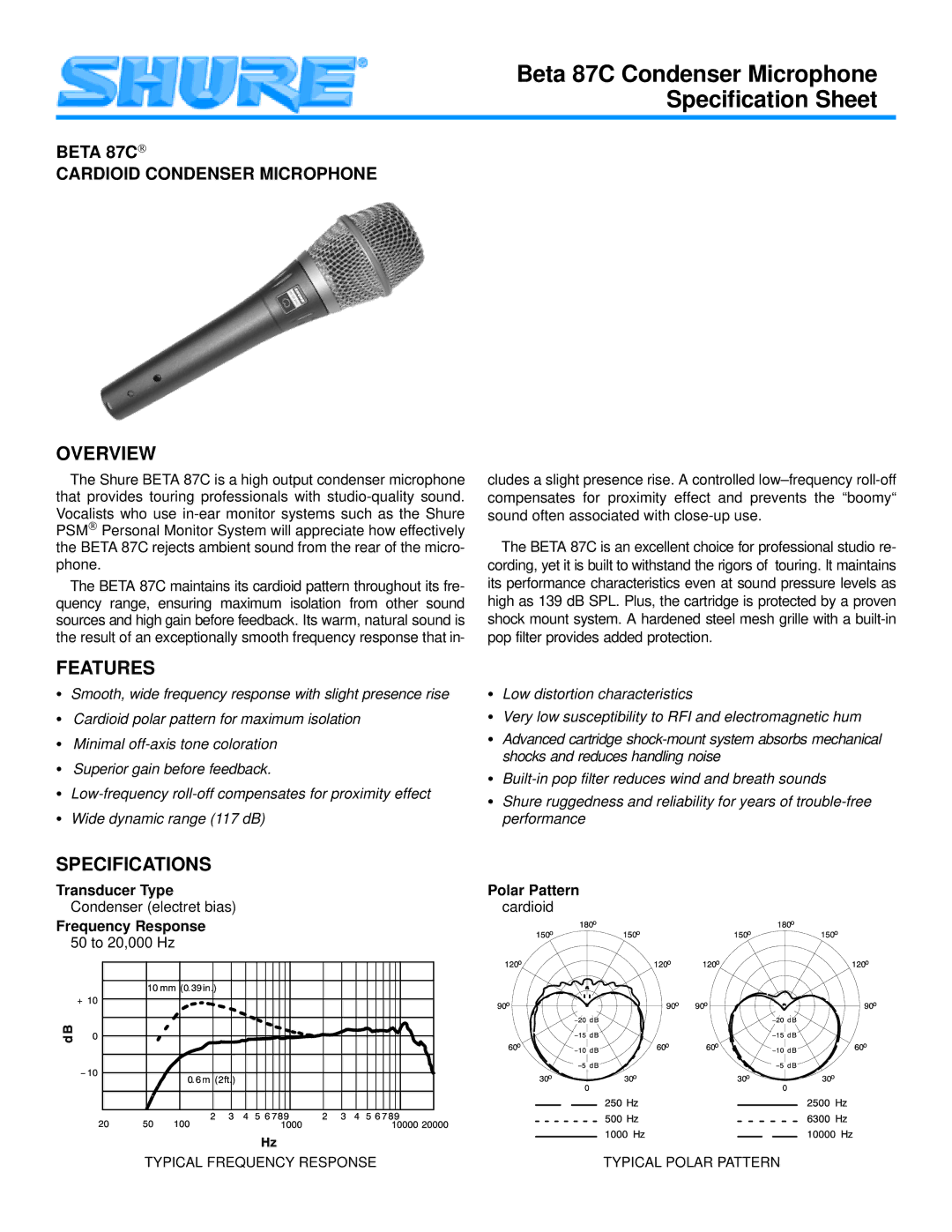 Shure beta 87c specifications Overview, Features, Specifications 