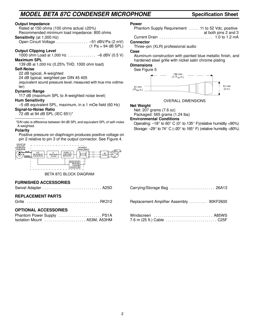 Shure beta 87c Output Impedance, Output Clipping Level, Maximum SPL, Self-Noise, Dynamic Range, Hum Sensitivity, Polarity 