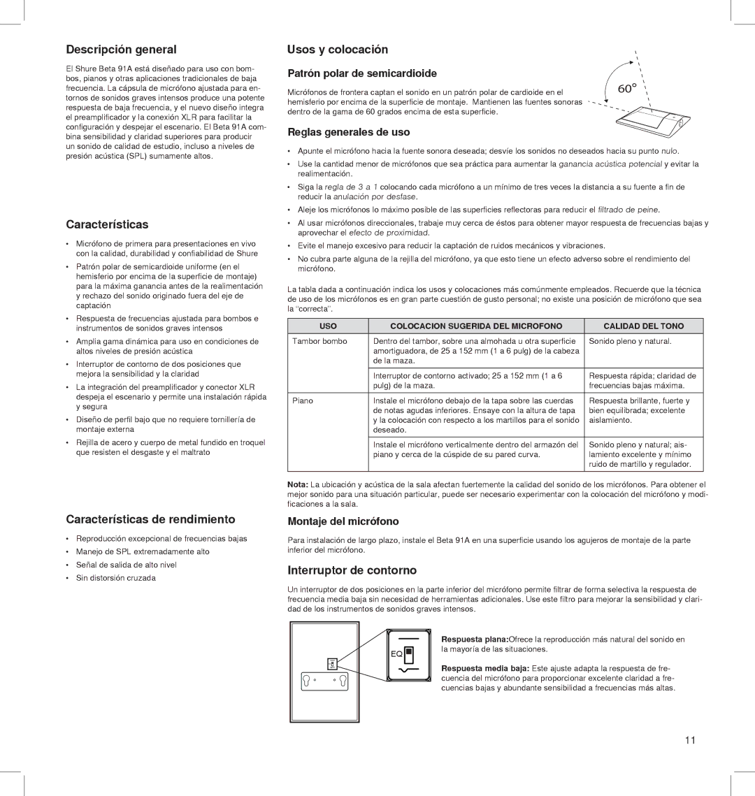 Shure BETA 91A manual Descripción general, Características de rendimiento, Usos y colocación, Interruptor de contorno 