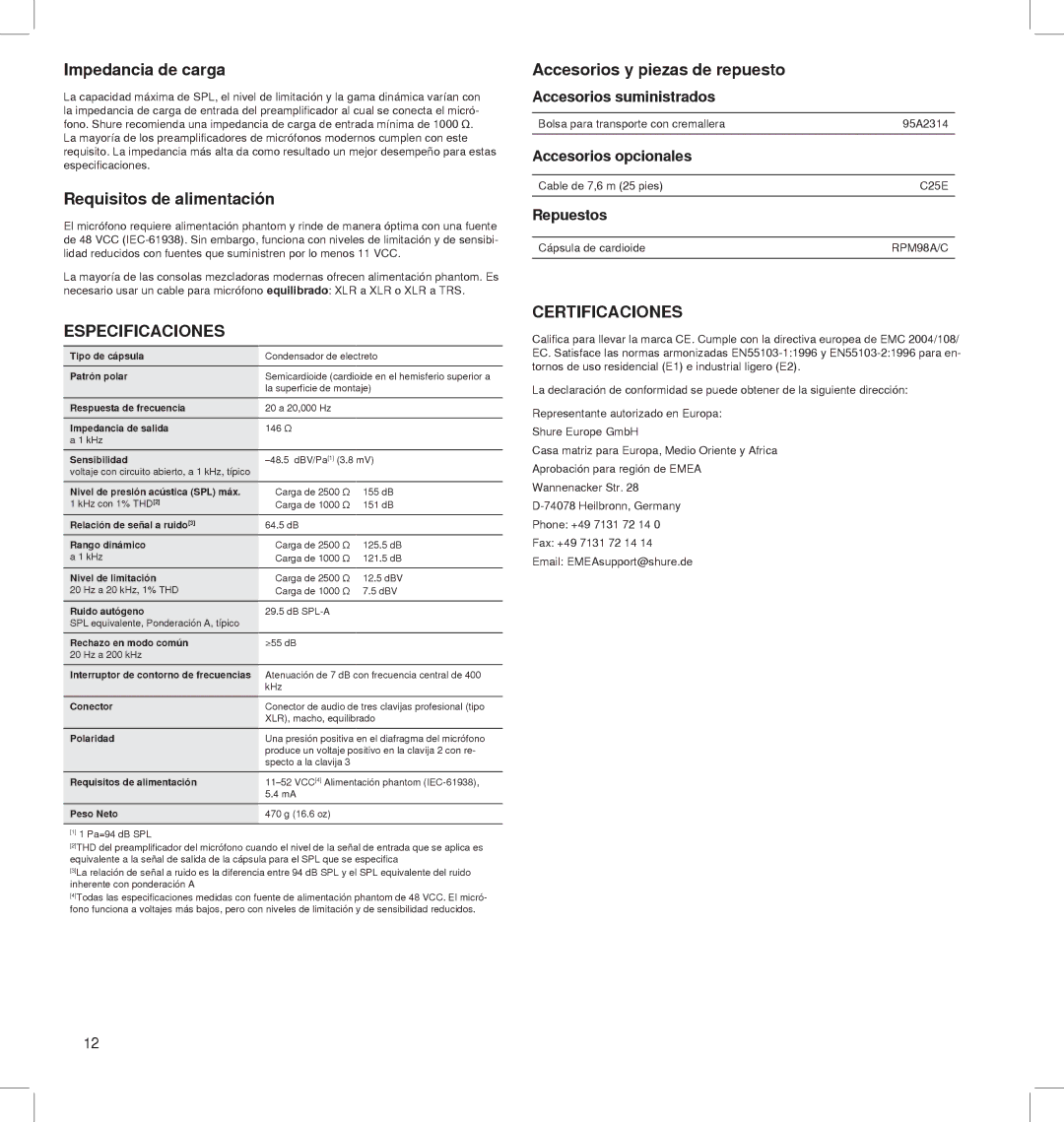 Shure BETA 91A manual Impedancia de carga, Requisitos de alimentación, Especificaciones, Accesorios y piezas de repuesto 