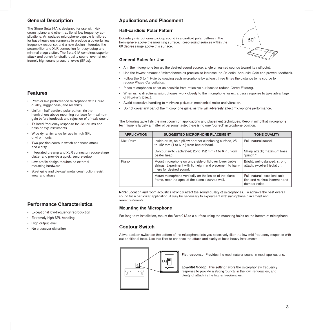 Shure BETA 91A General Description, Features, Performance Characteristics, Applications and Placement, Contour Switch 