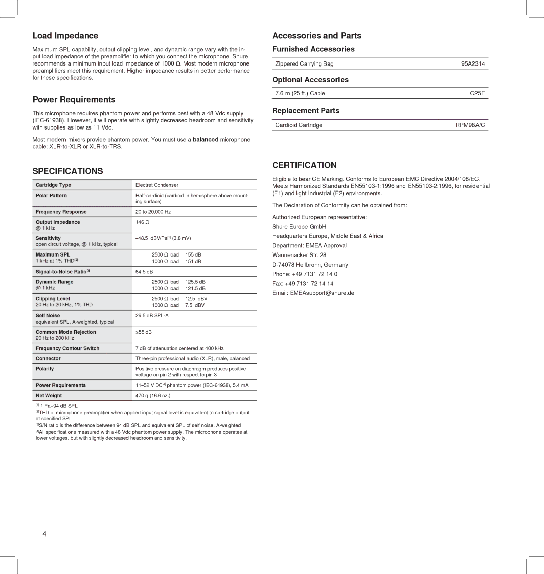 Shure BETA 91A manual Load Impedance, Power Requirements, Specifications, Accessories and Parts, Certification 