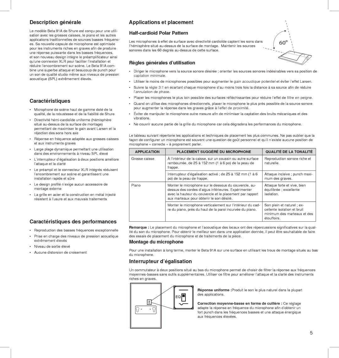 Shure BETA 91A manual Description générale, Caractéristiques des performances, Applications et placement 