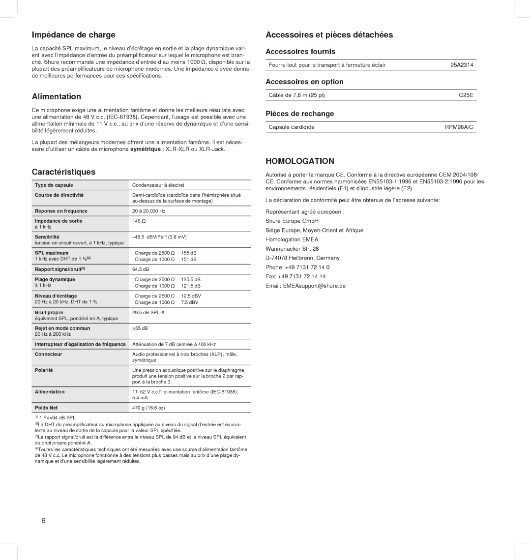 Shure BETA 91A manual Impédance de charge, Alimentation, Accessoires et pièces détachées, Homologation 