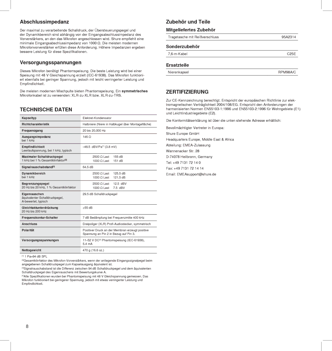 Shure BETA 91A manual Abschlussimpedanz, Versorgungsspannungen, Technische Daten, Zubehör und Teile, Zertifizierung 