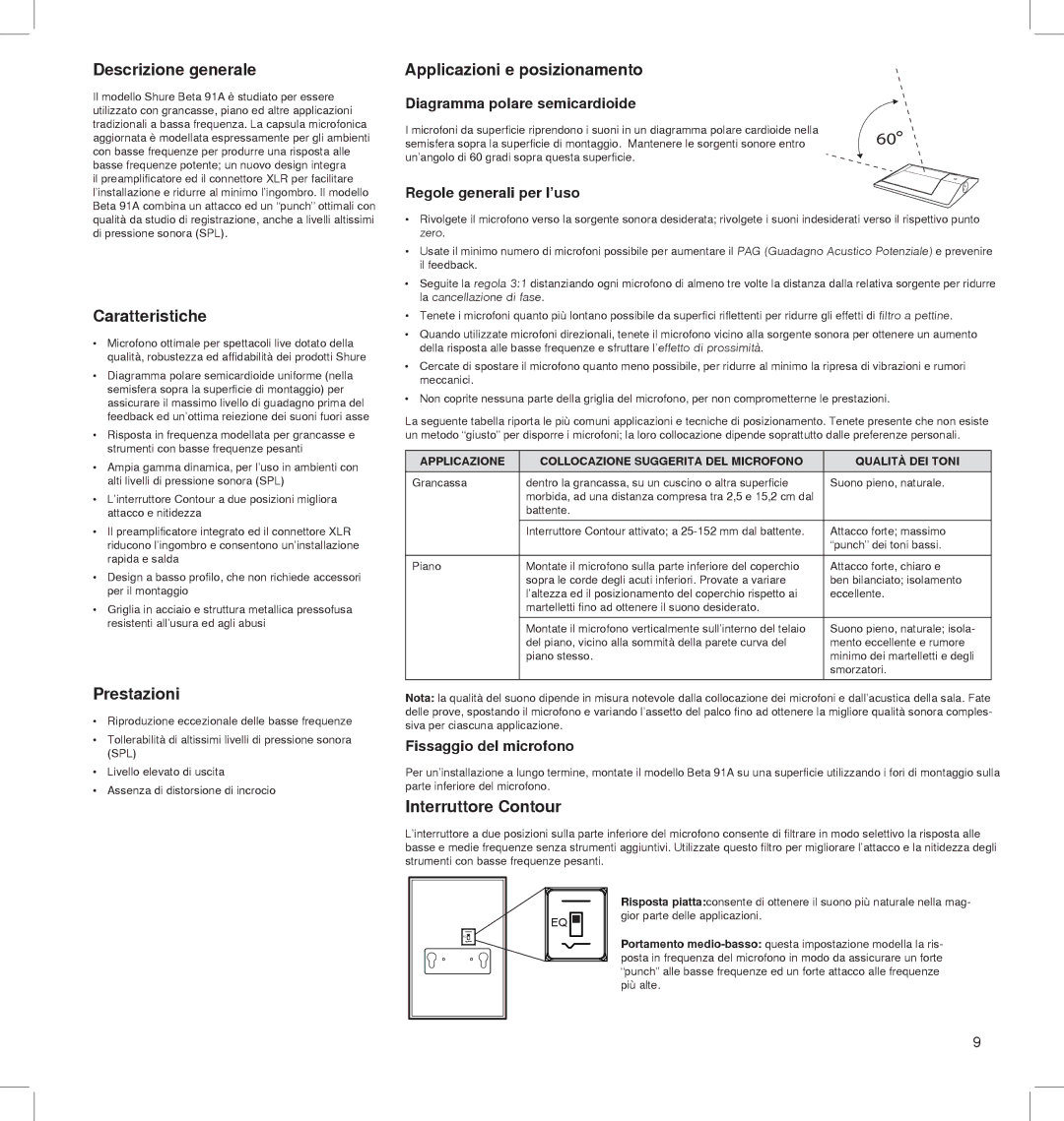 Shure BETA 91A Descrizione generale, Caratteristiche, Prestazioni, Applicazioni e posizionamento, Interruttore Contour 