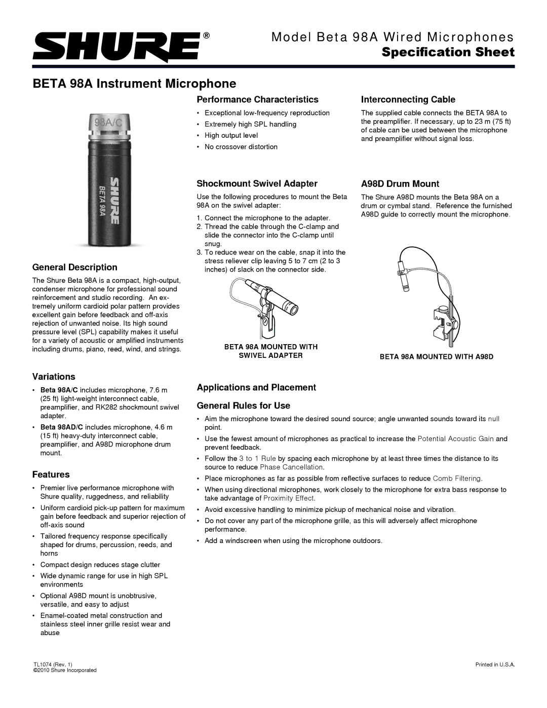 Shure Beta 98A manual General Description, Performance Characteristics, Shockmount Swivel Adapter, Interconnecting Cable 