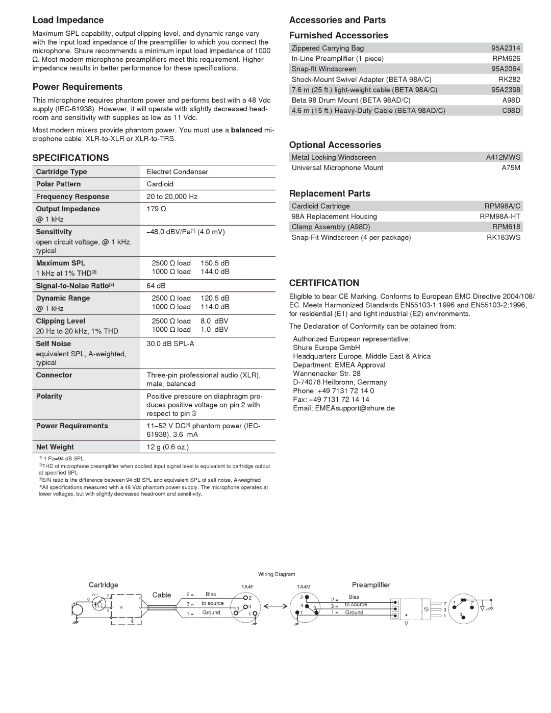 Shure Beta 98A manual Specifications, Certification 