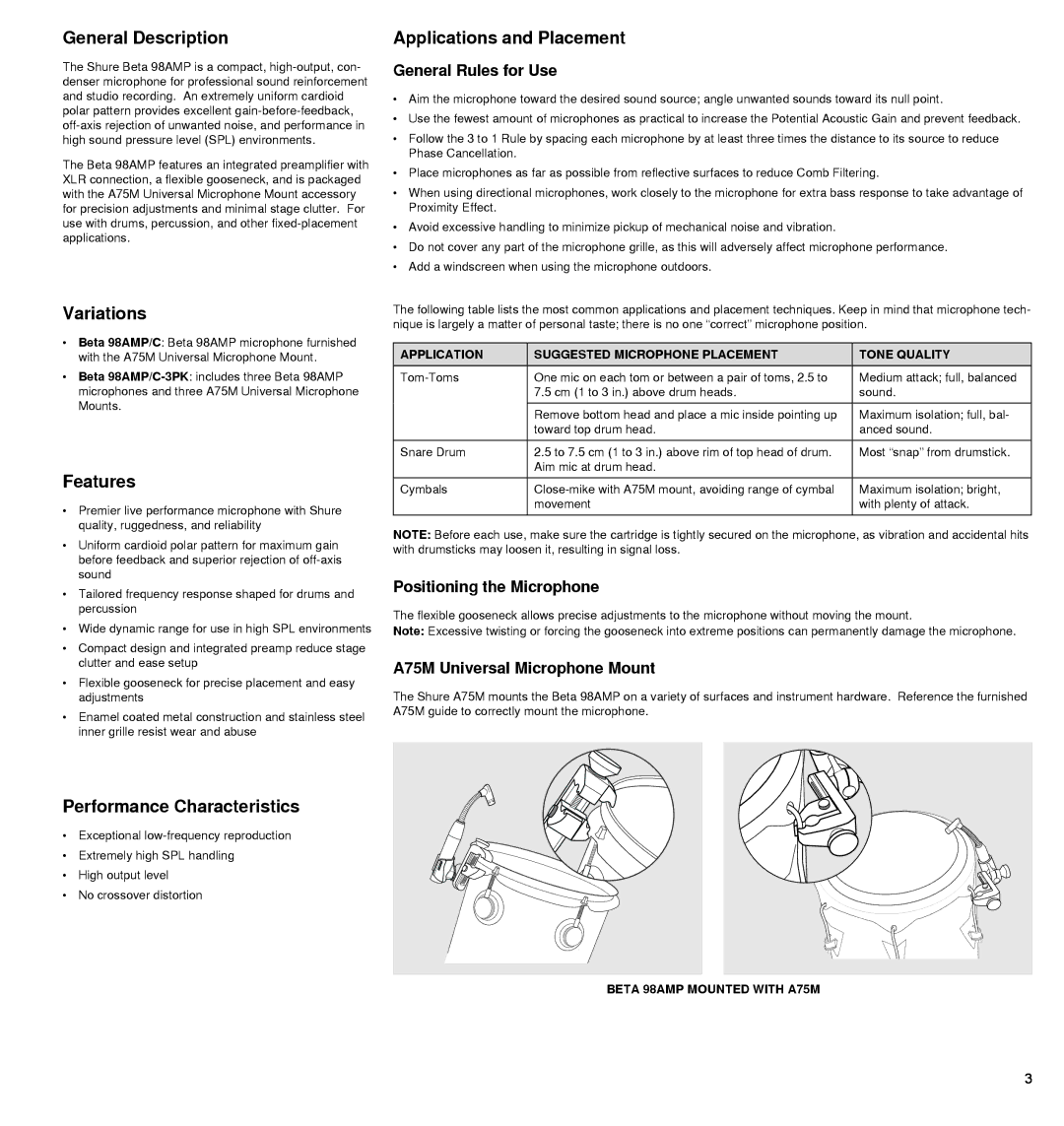 Shure BETA 98AMP manual General Description, Applications and Placement, Variations, Features, Performance Characteristics 