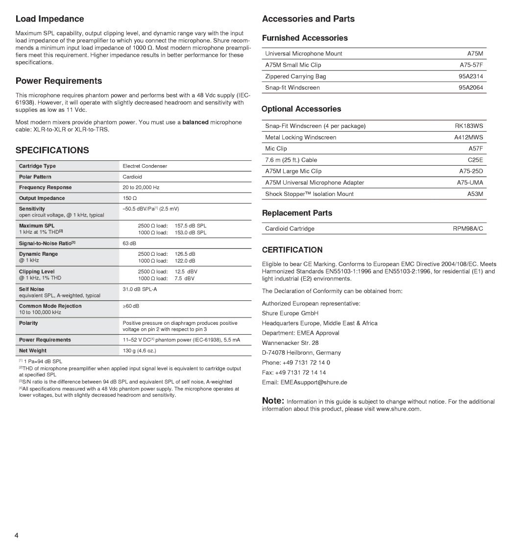 Shure BETA 98AMP manual Load Impedance, Power Requirements, Accessories and Parts 