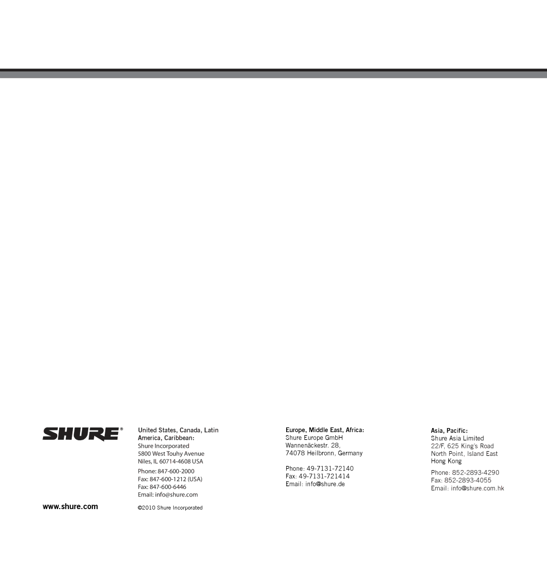 Shure BETA 98AMP manual Europe, Middle East, Africa 