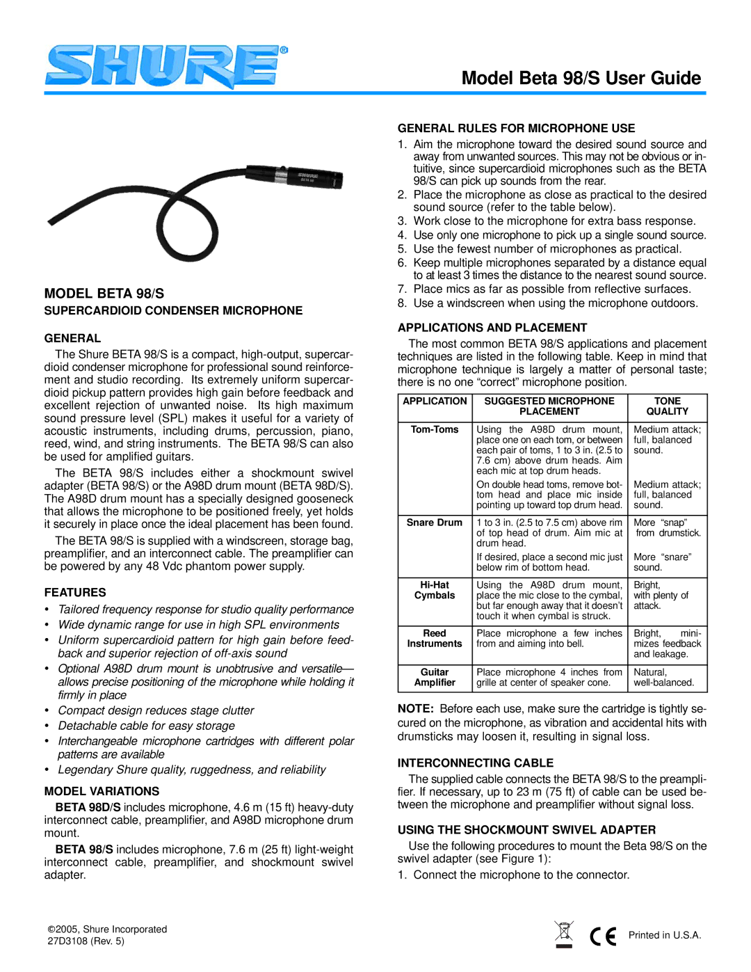 Shure BETA 98/S manual Model Beta 98/S 