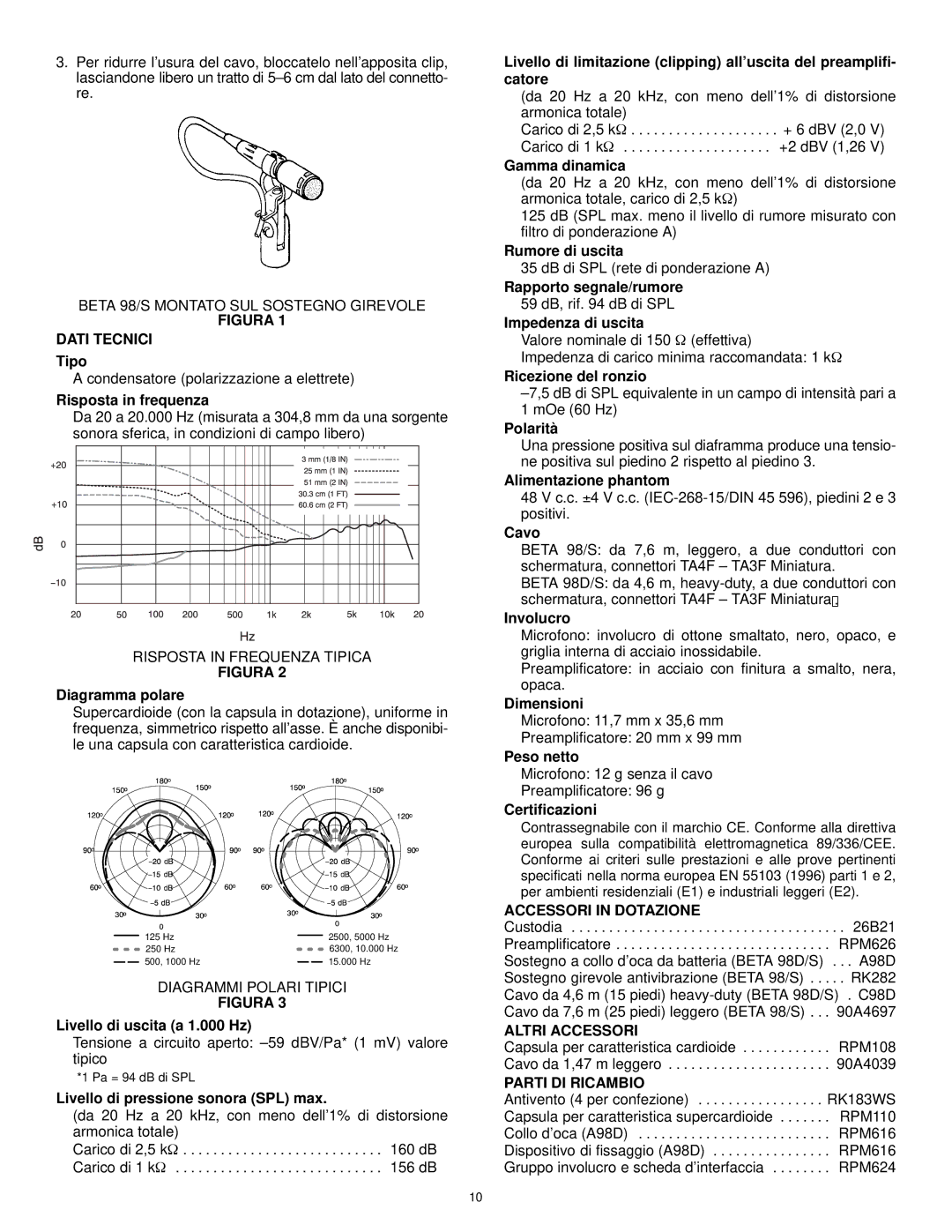 Shure BETA 98/S manual Accessori in Dotazione, Altri Accessori, Parti DI Ricambio 