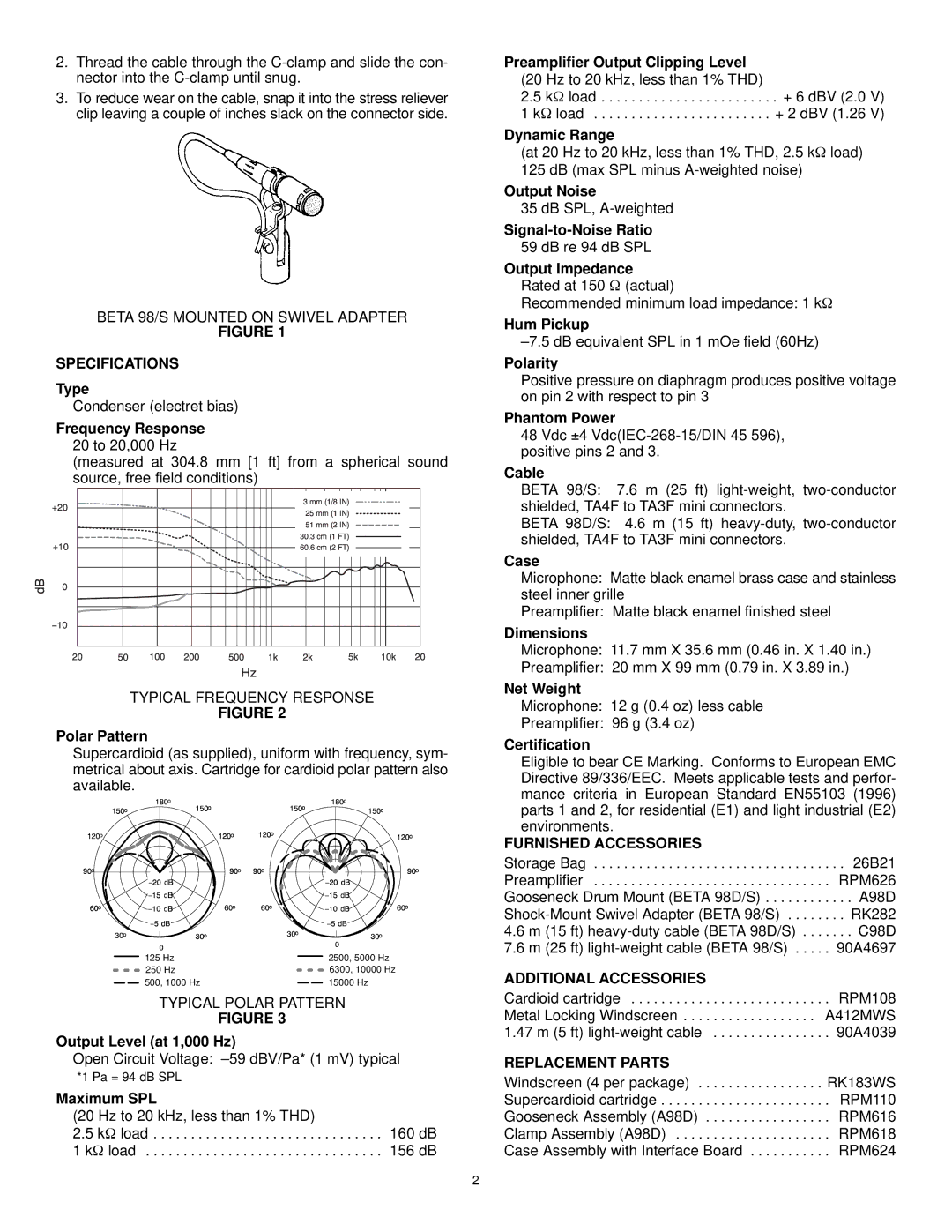 Shure BETA 98/S manual Specifications, Furnished Accessories, Additional Accessories, Replacement Parts 