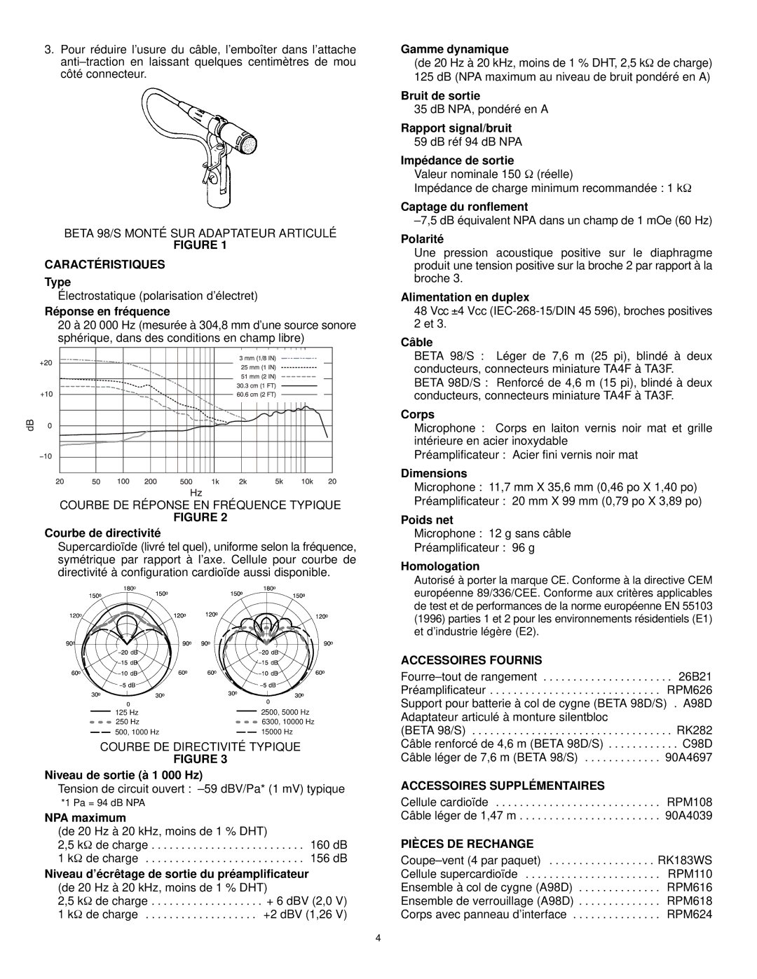 Shure BETA 98/S manual Caractéristiques, Accessoires Fournis, Accessoires Supplémentaires, Pièces DE Rechange 