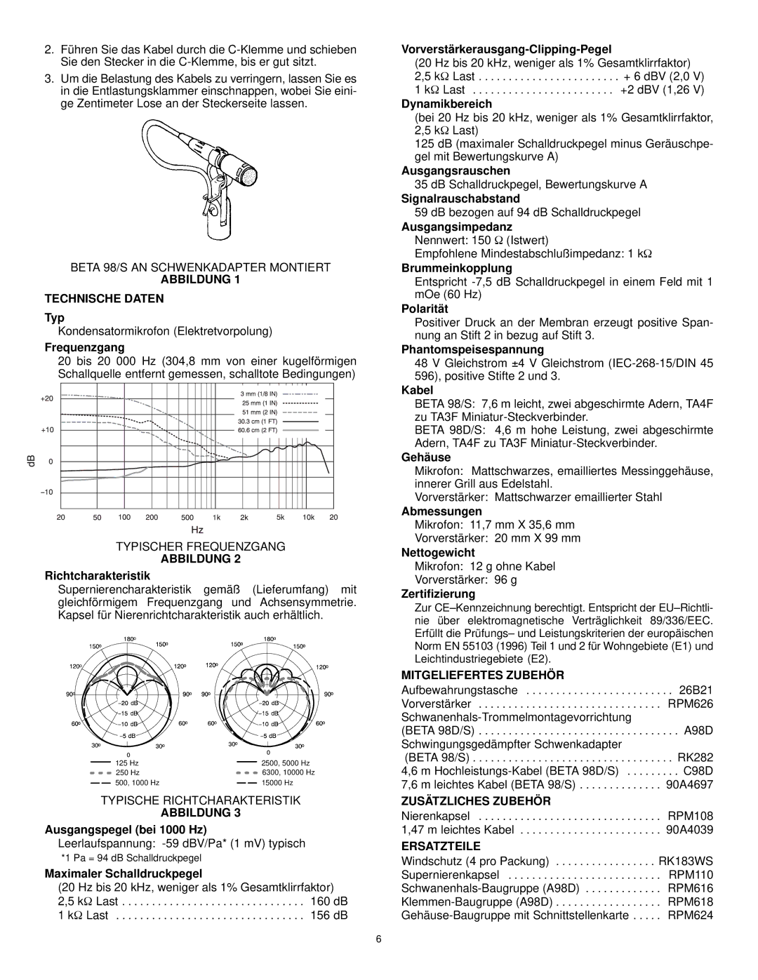 Shure BETA 98/S manual Abbildung Technische Daten, Mitgeliefertes Zubehör, Zusätzliches Zubehör, Ersatzteile 