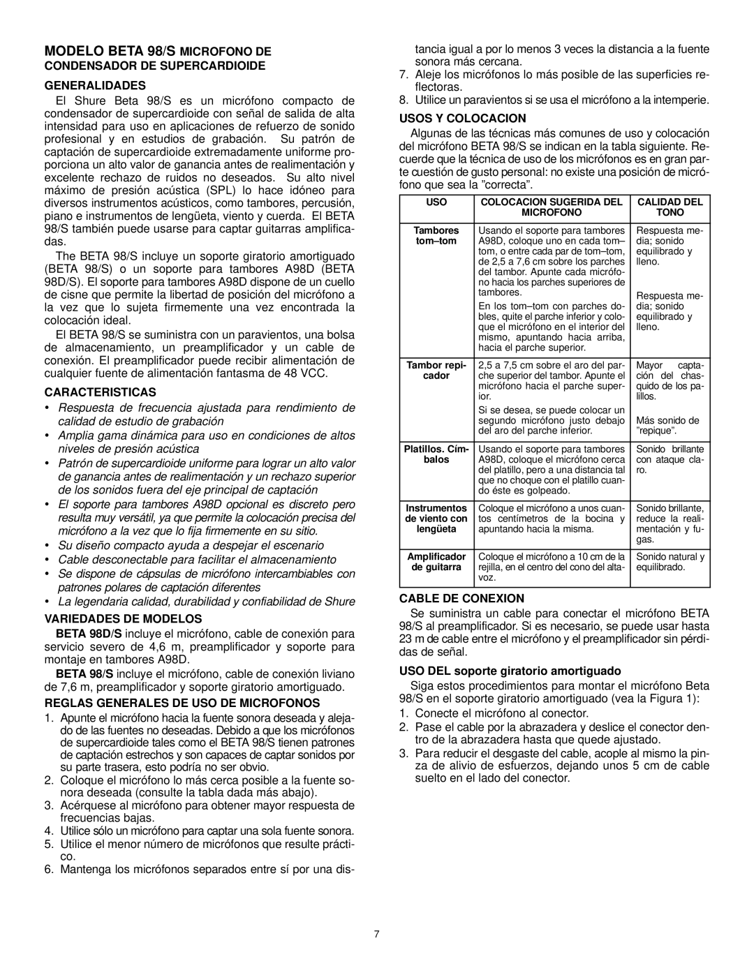 Shure BETA 98/S manual Modelo Beta 98/S Microfono DE 