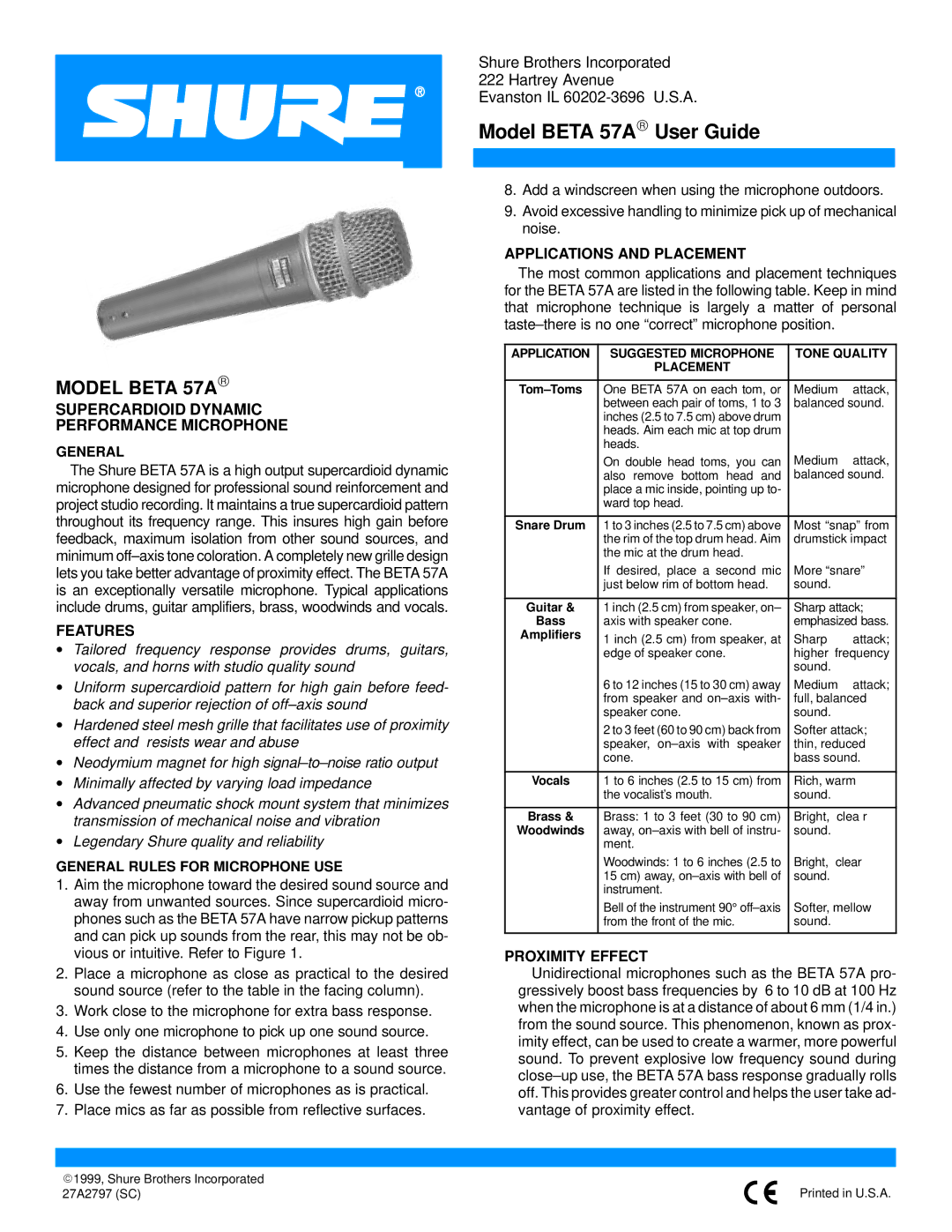 Shure BETA57A manual Model Beta 57A, Supercardioid Dynamic Performance Microphone, Features, Applications and Placement 