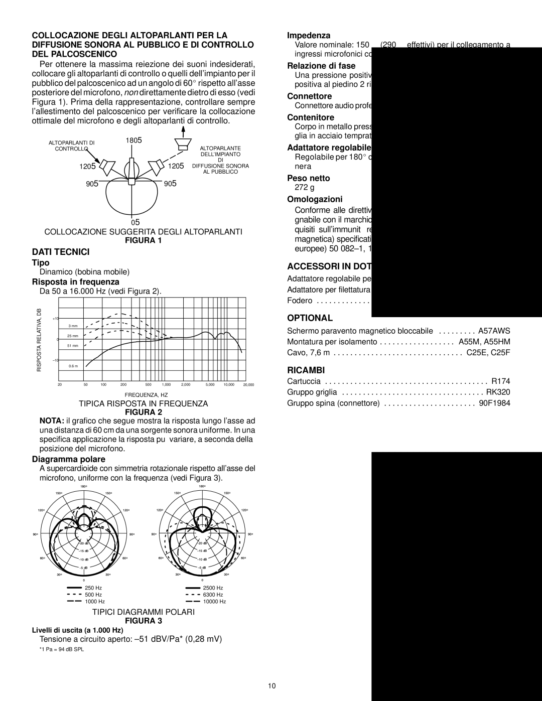 Shure BETA57A manual Dati Tecnici, Accessori in Dotazione, Optional, Ricambi 