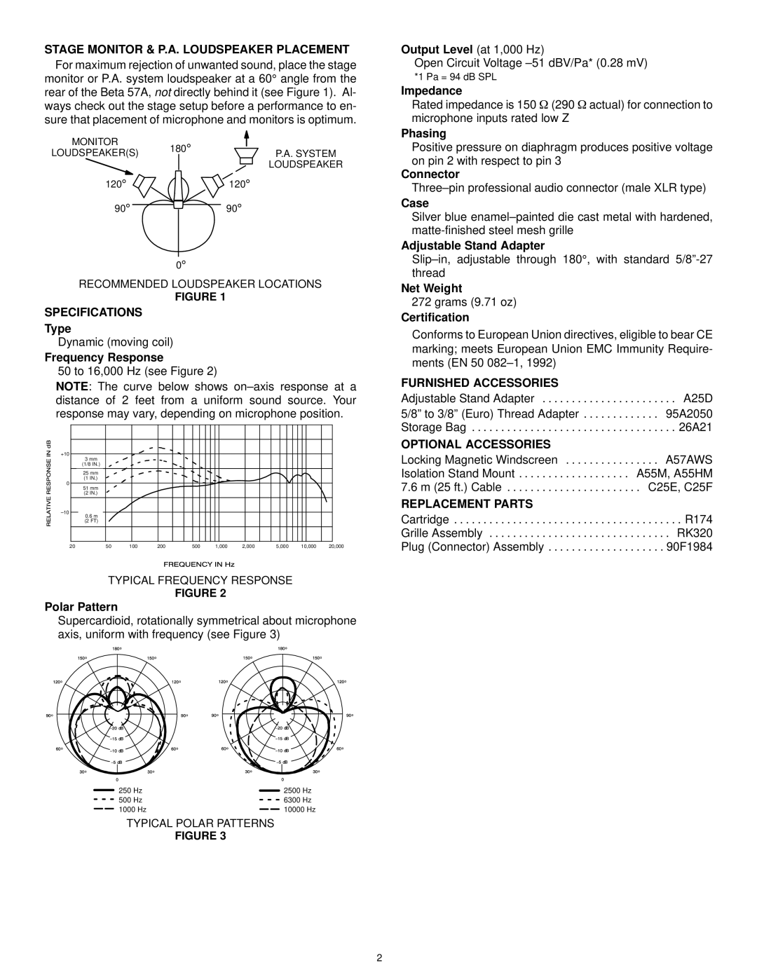 Shure BETA57A Stage Monitor & P.A. Loudspeaker Placement, Specifications, Furnished Accessories, Optional Accessories 