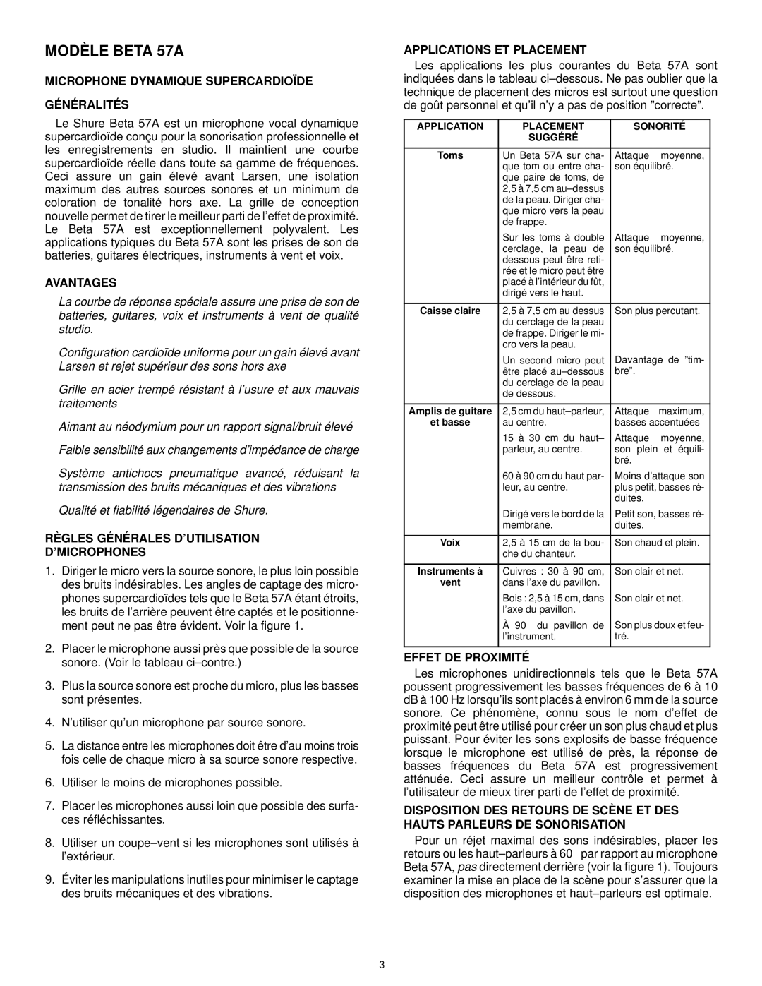 Shure BETA57A manual Modèle Beta 57A 