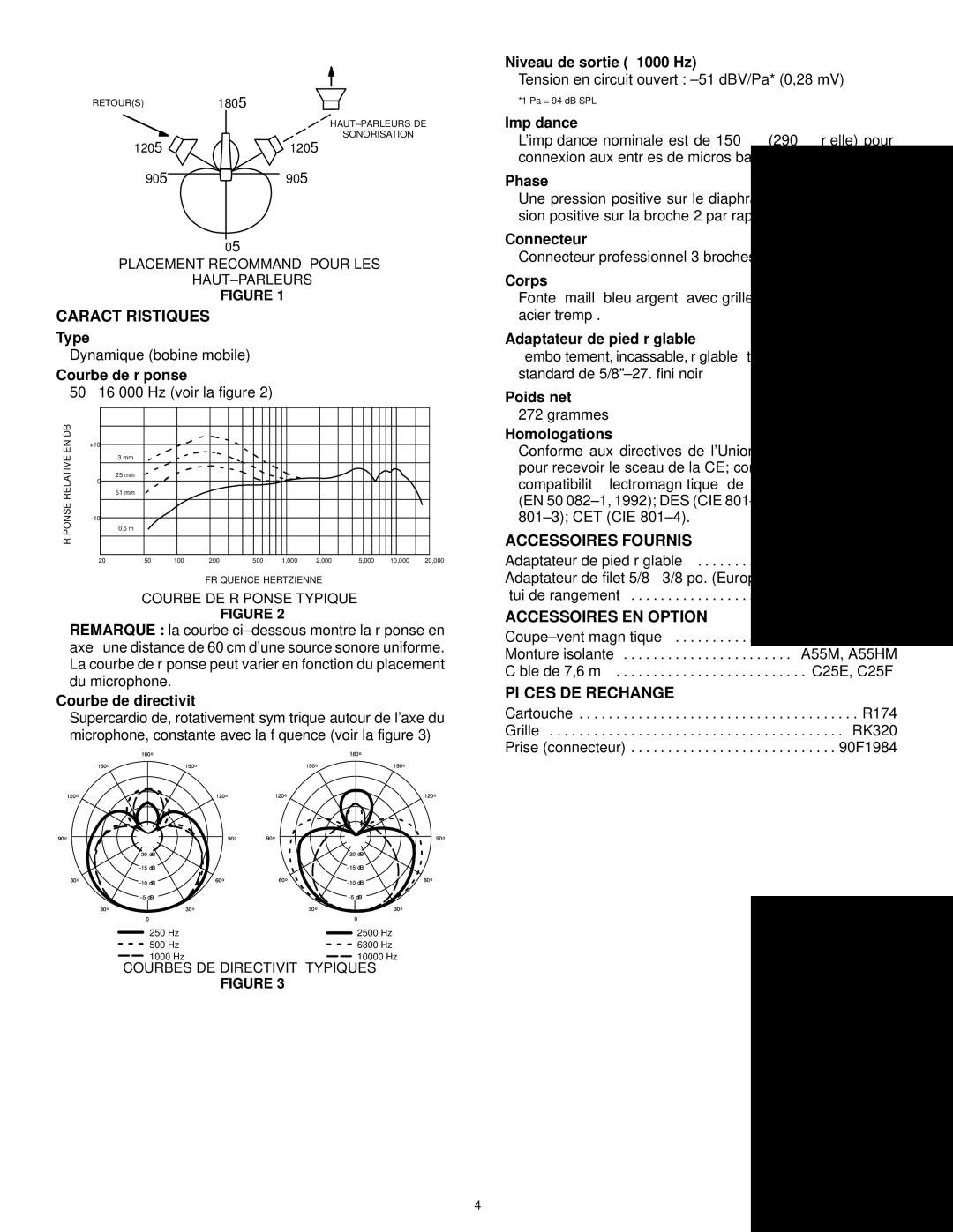 Shure BETA57A manual Caractéristiques, Accessoires Fournis, Accessoires EN Option, Pièces DE Rechange 