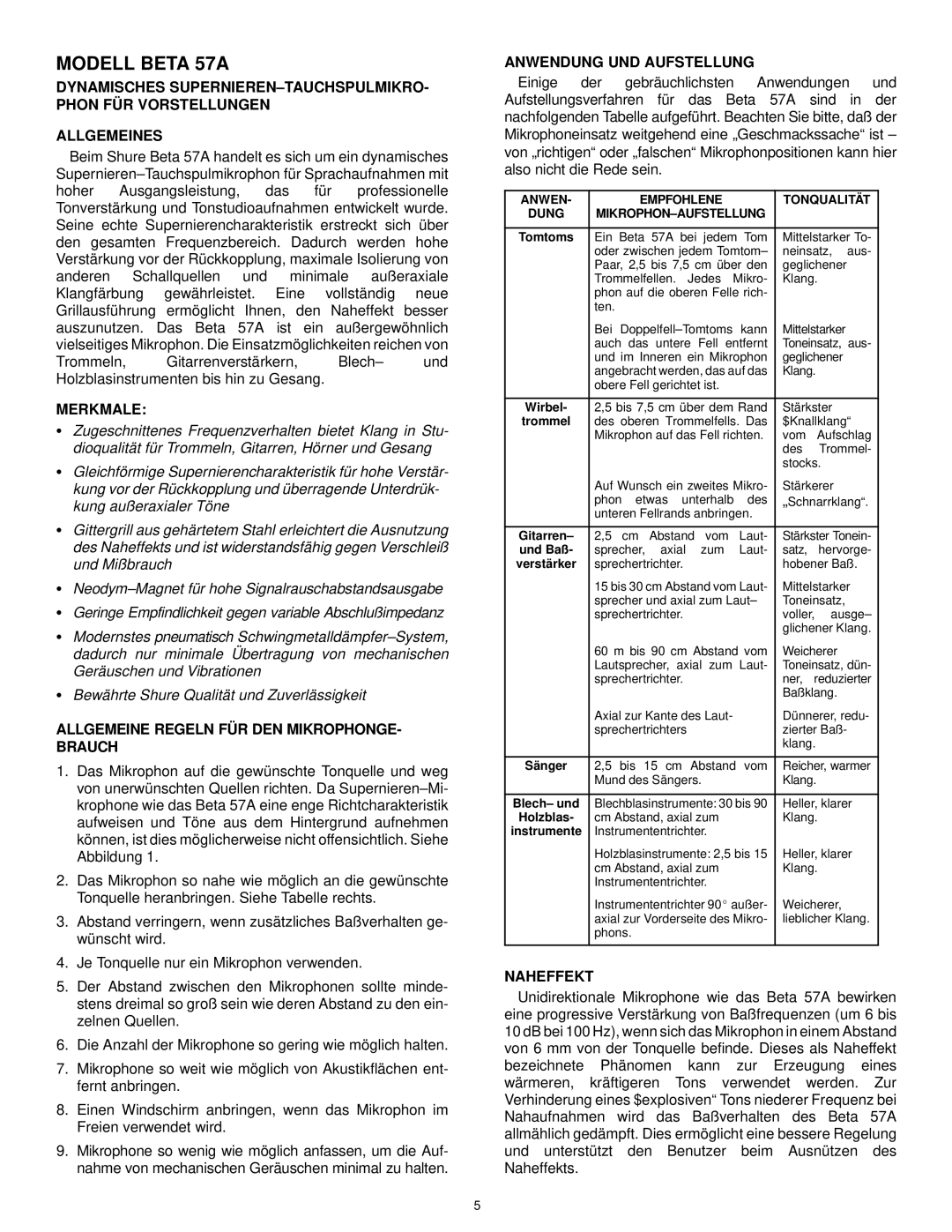 Shure BETA57A manual Modell Beta 57A, Merkmale, Allgemeine Regeln FÜR DEN MIKROPHONGE- Brauch, Anwendung UND Aufstellung 