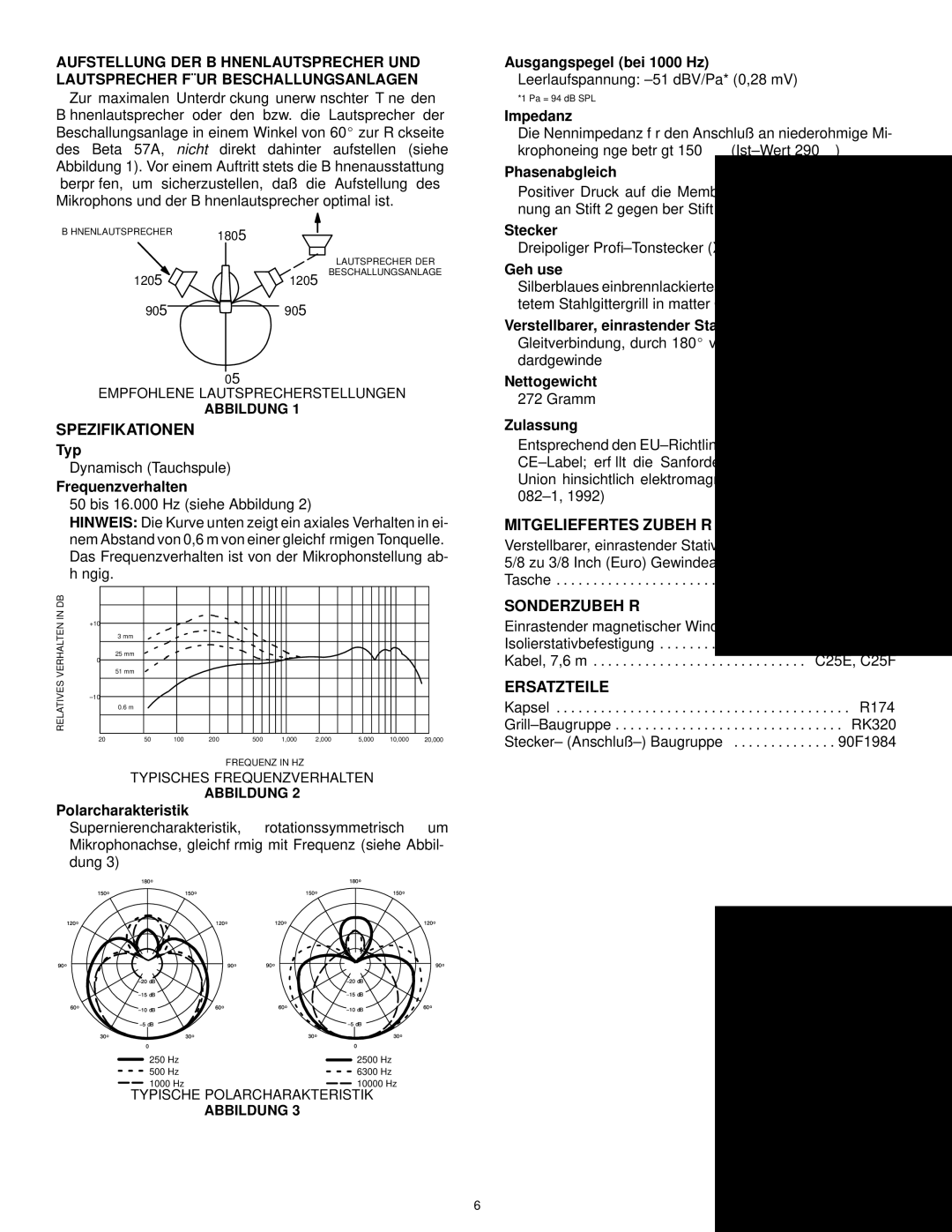 Shure BETA57A manual Spezifikationen, Mitgeliefertes Zubehör, Sonderzubehör, Ersatzteile 