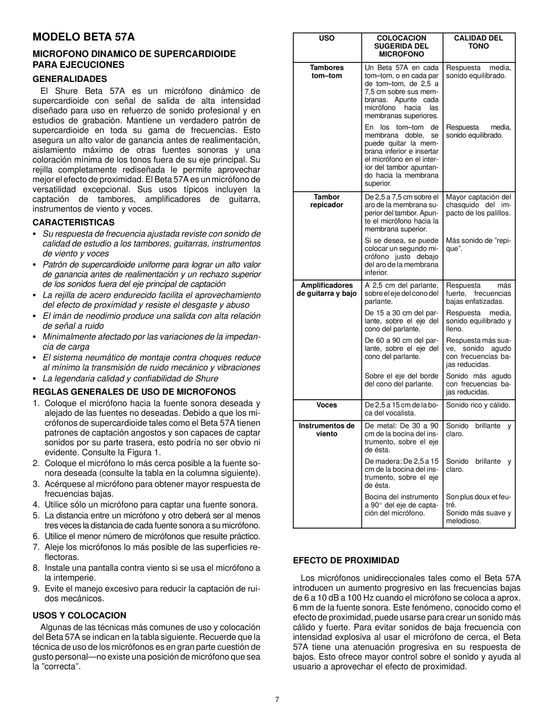 Shure BETA57A manual Modelo Beta 57A, Caracteristicas, Reglas Generales DE USO DE Microfonos, Usos Y Colocacion 