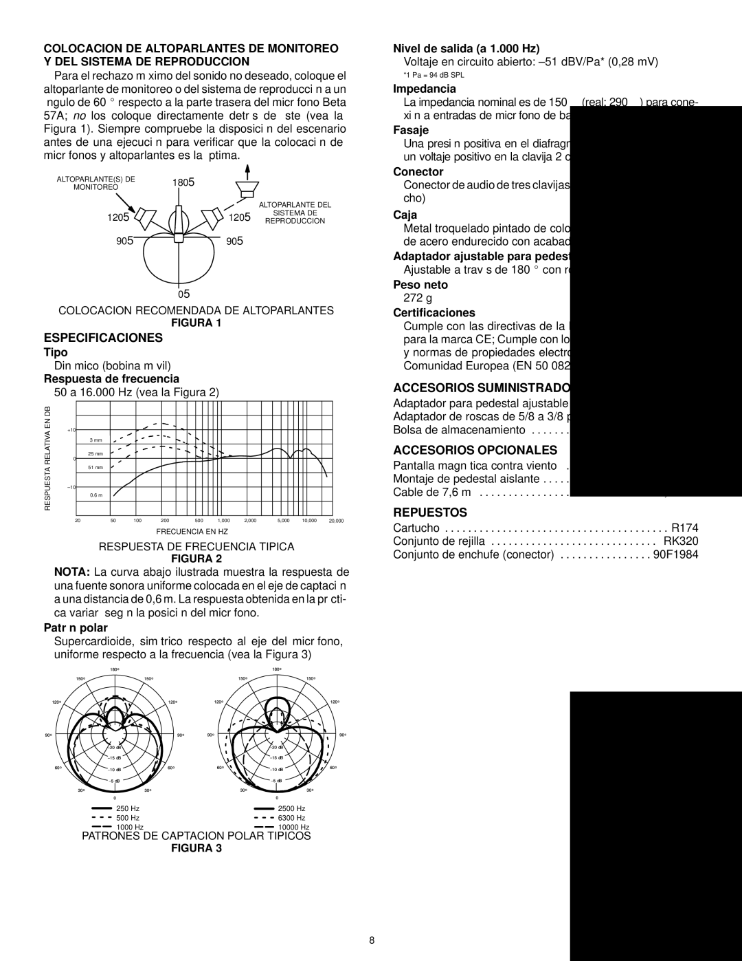 Shure BETA57A manual Especificaciones, Accesorios Suministrados, Accesorios Opcionales, Repuestos 