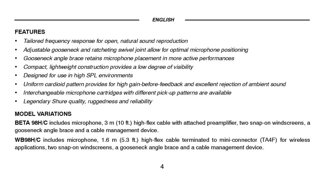 Shure BETA98HC manual Features, Model Variations 