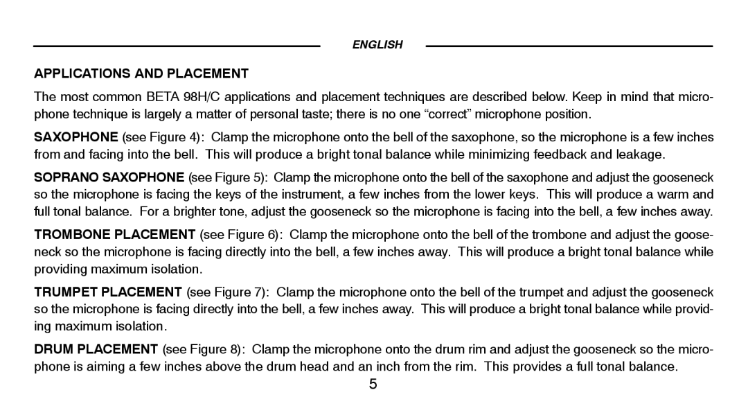 Shure BETA98HC manual Applications and Placement 