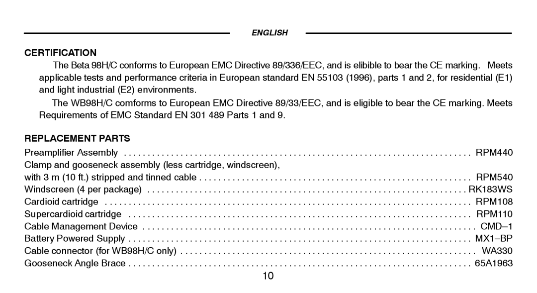 Shure BETA98HC manual Certification, Replacement Parts 