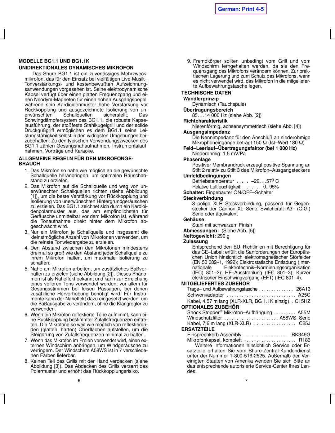 Shure BG manual German Print 