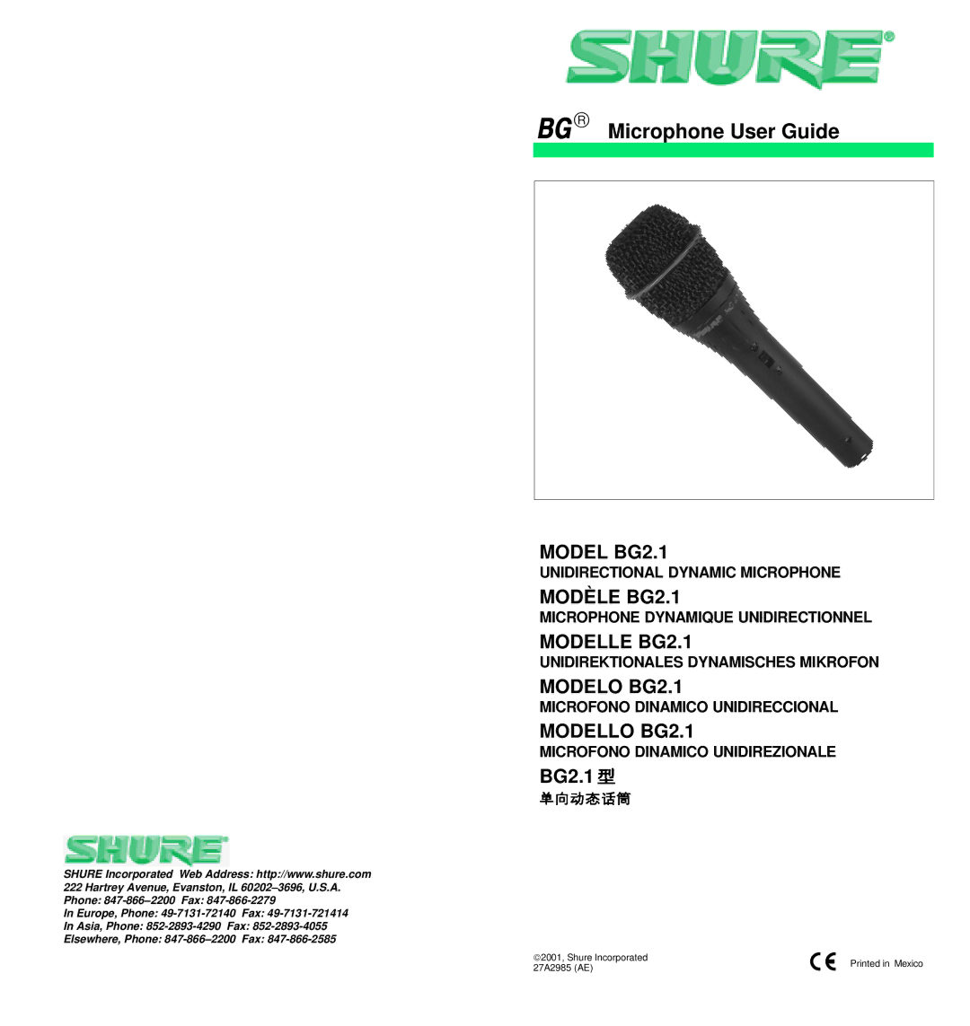 Shure BG2.1 manual Unidirectional Dynamic Microphone, Microphone Dynamique Unidirectionnel 