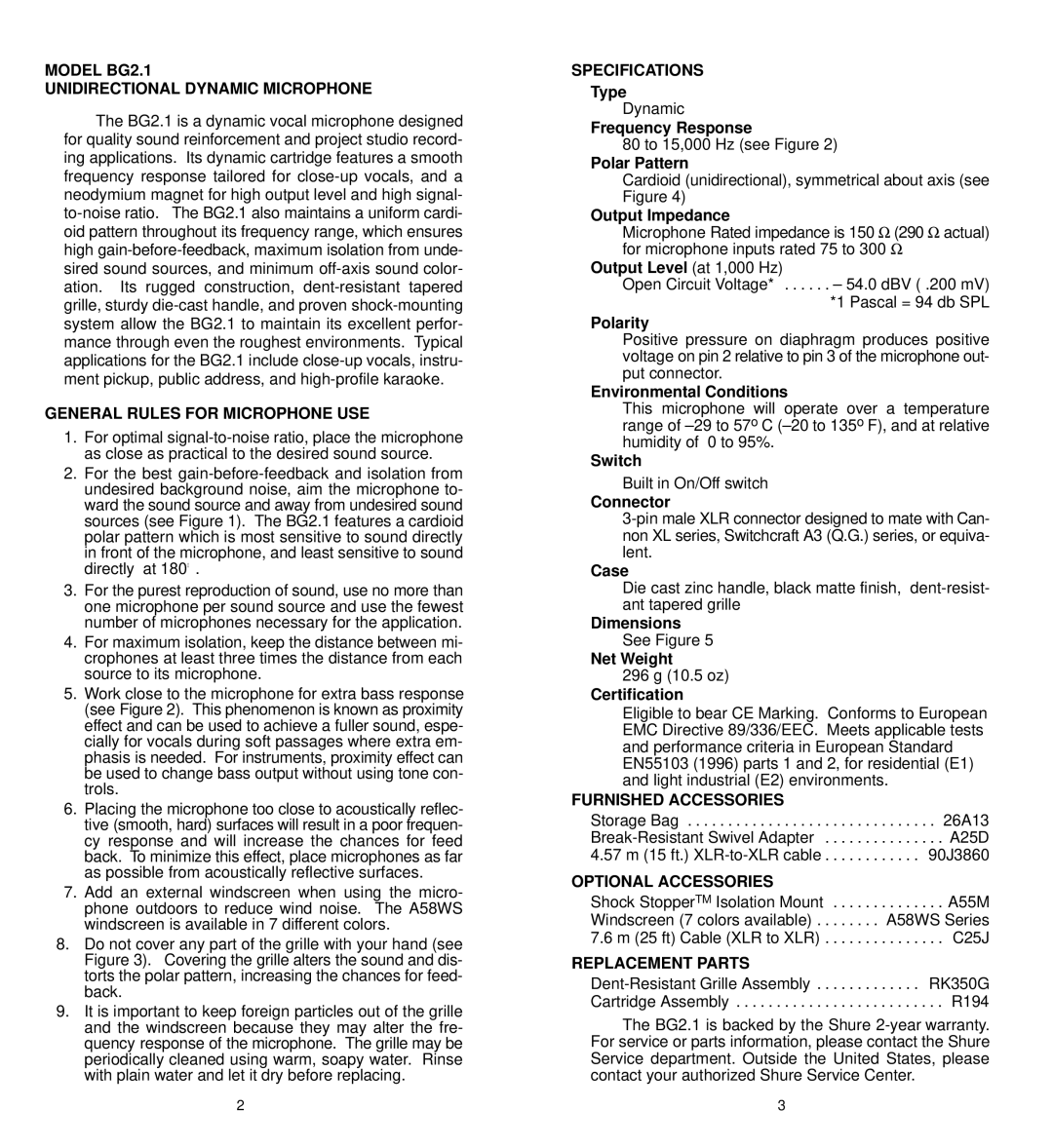 Shure manual Model BG2.1 Unidirectional Dynamic Microphone, General Rules for Microphone USE, Specifications 