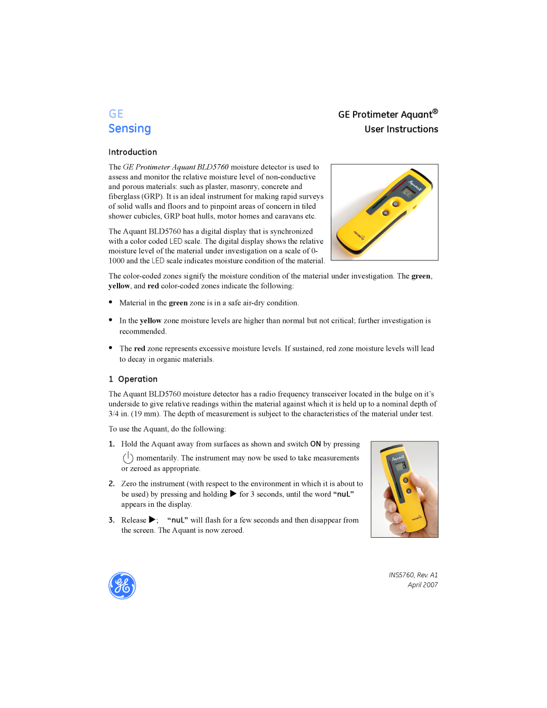 Shure BLD5760 manual GE Protimeter Aquant User Instructions Introduction, Operation 