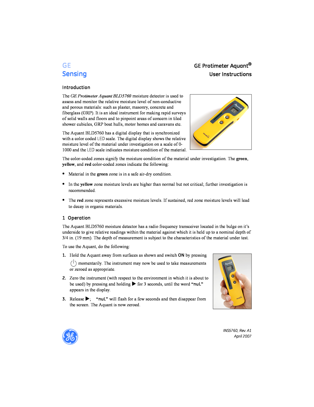 Shure BLD5760 manual GE Protimeter Aquant User Instructions, Introduction, Operation, Sensing 