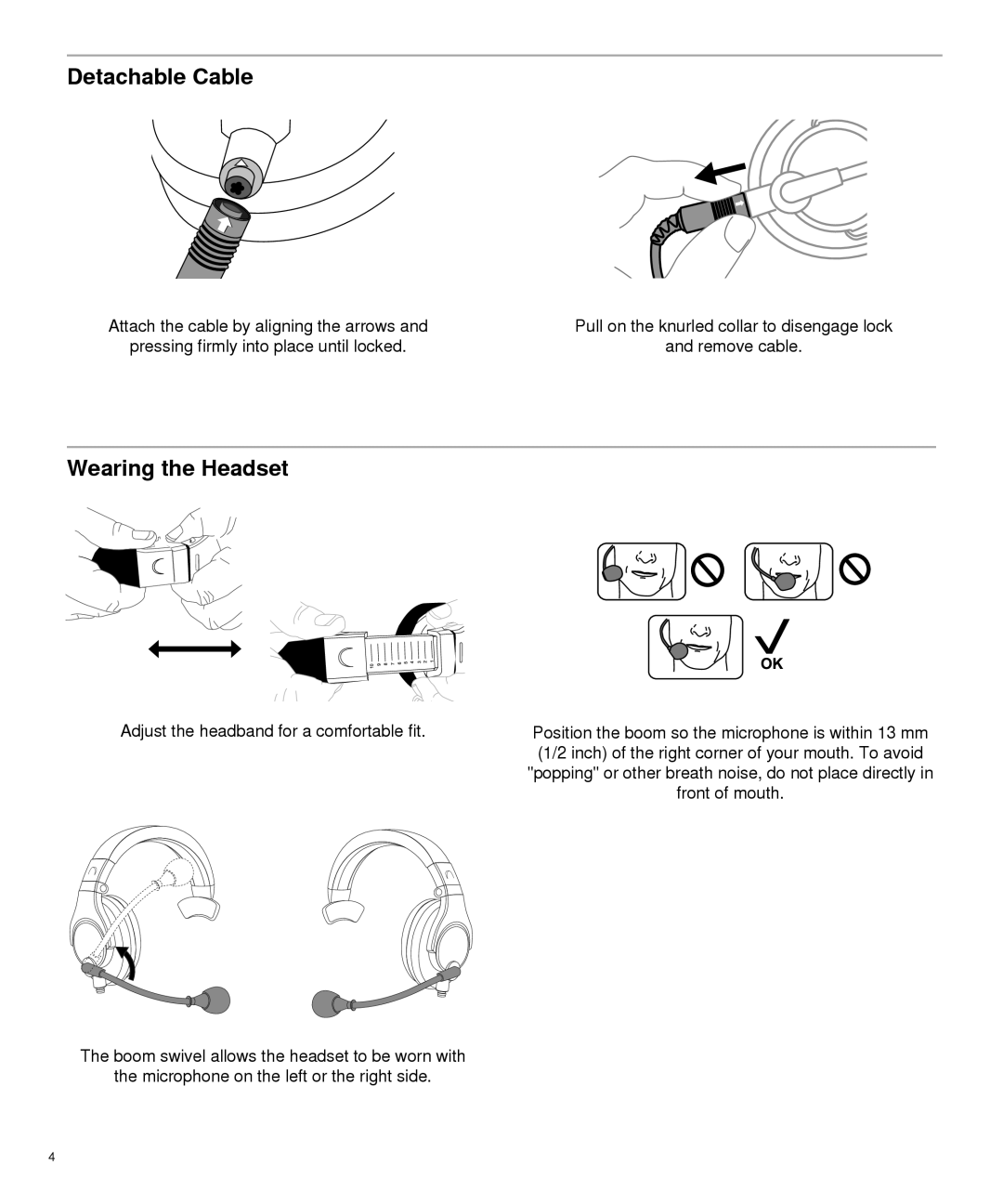 Shure BRH440M, BRH441M manual Detachable Cable, Wearing the Headset 