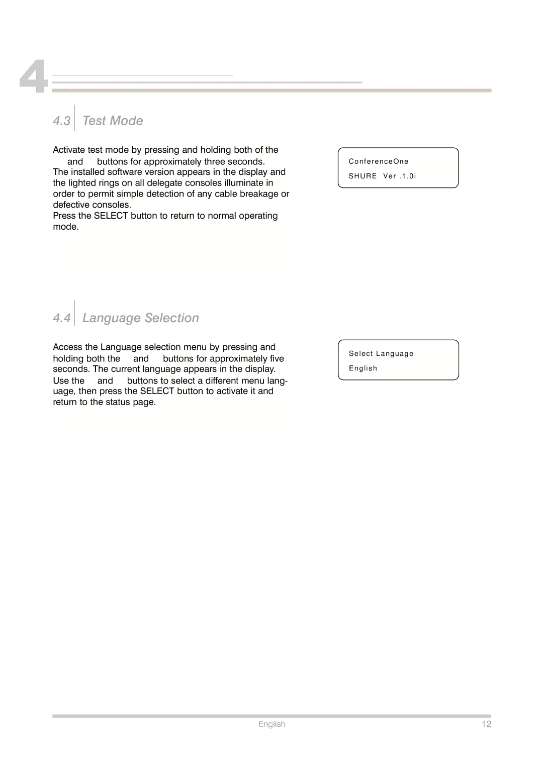 Shure Conference Phone manual Test Mode, Language Selection 