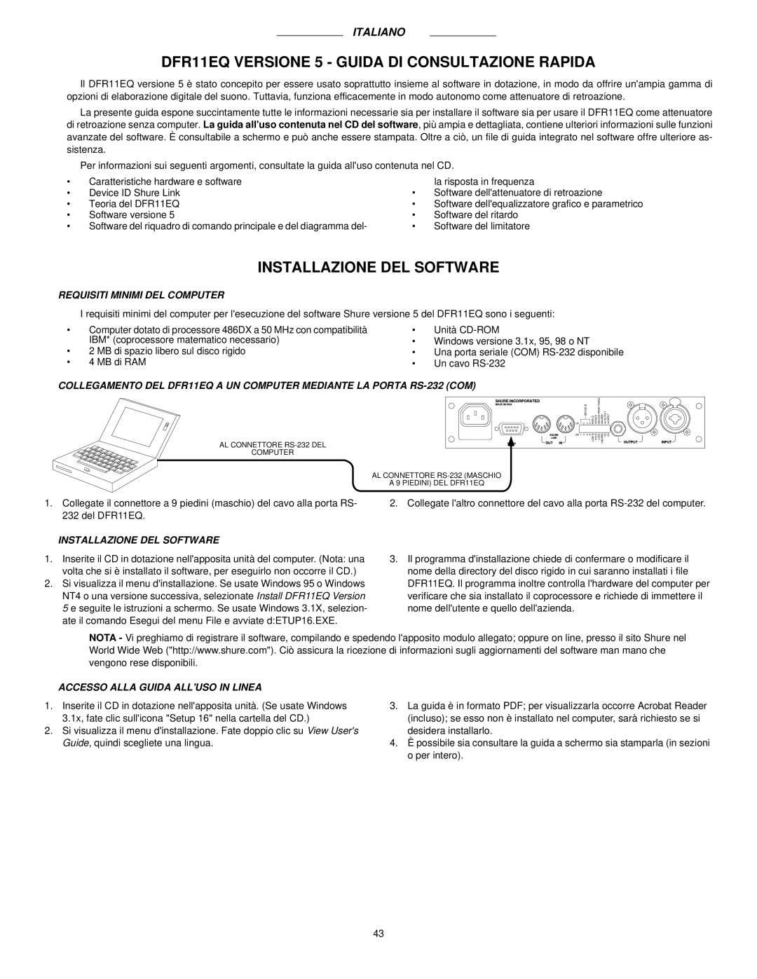 Shure DFR11EQ VERSION 5 manual DFR11EQ Versione 5 Guida DI Consultazione Rapida, Installazione DEL Software 