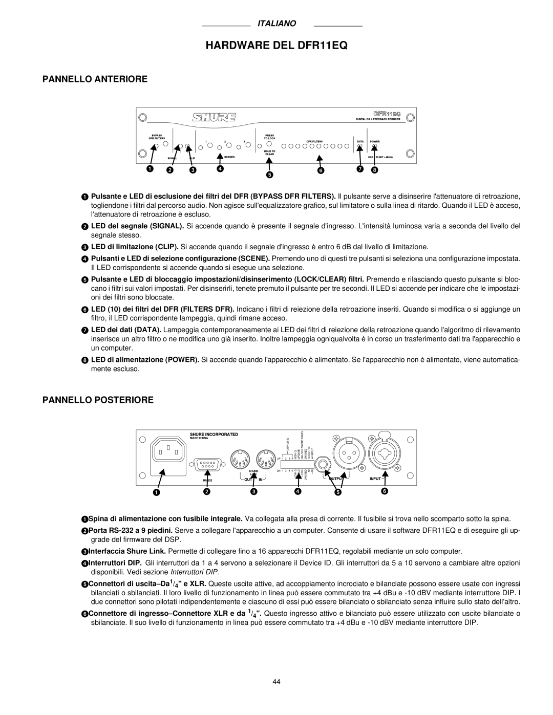 Shure DFR11EQ VERSION 5 manual Hardware DEL DFR11EQ, Pannello Anteriore, Pannello Posteriore 