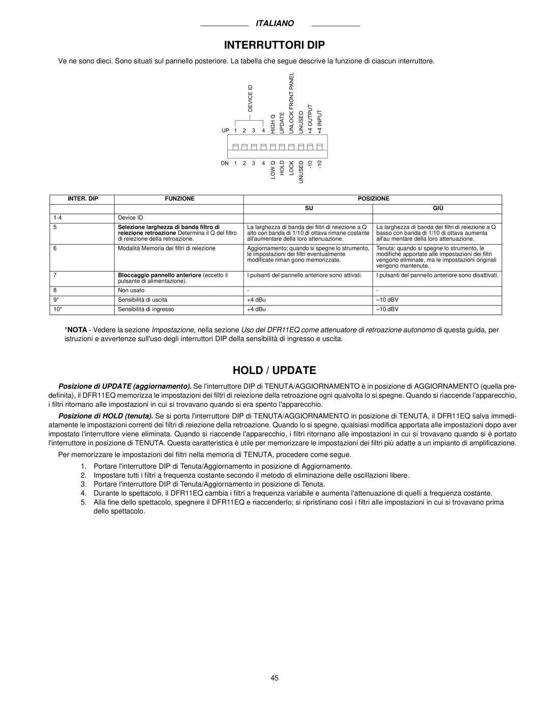 Shure DFR11EQ VERSION 5 manual Interruttori DIP, Hold / Update 