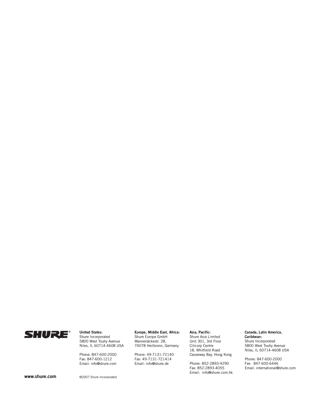 Shure DFR11EQ VERSION 5 manual United States, Europe, Middle East, Africa, Asia, Pacific, Canada, Latin America, Caribbean 