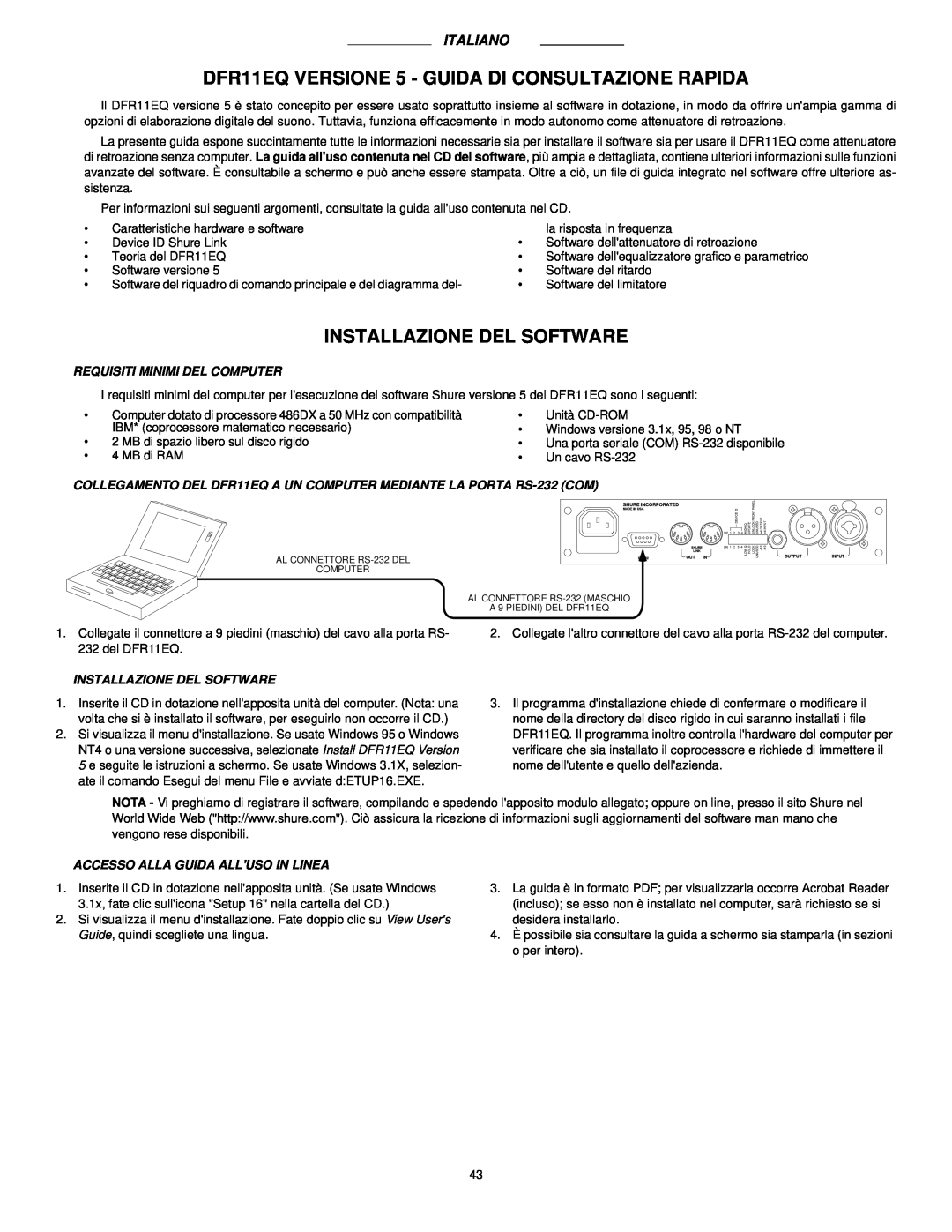 Shure DFR11EQ VERSION 5 manual Installazione Del Software, Italiano, Requisiti Minimi Del Computer 