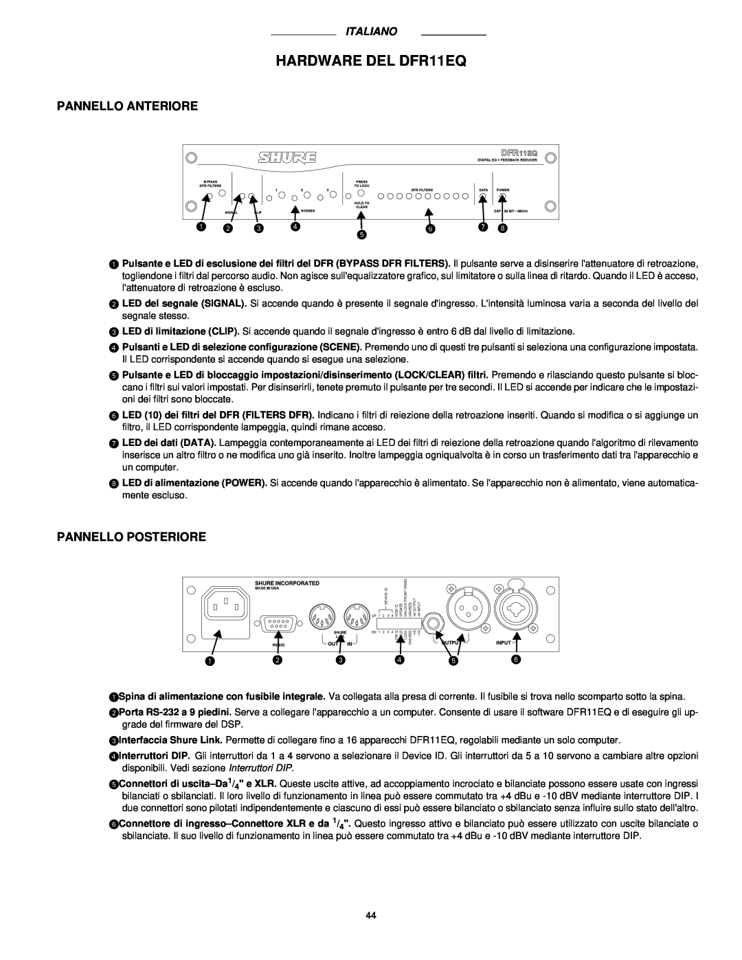 Shure DFR11EQ VERSION 5 manual HARDWARE DEL DFR11EQ, Pannello Anteriore, Pannello Posteriore 